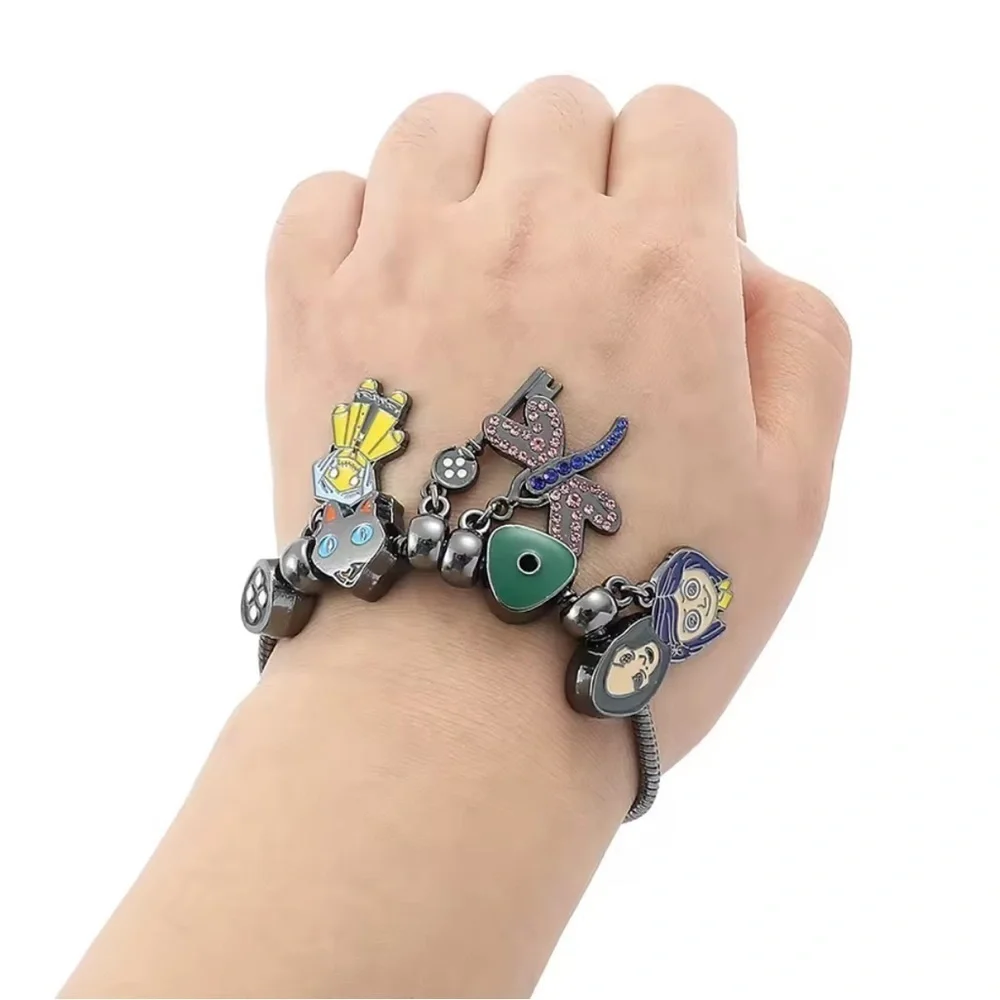 Black Rhodium Gold Coraline Inspired Themed Loaded Enamel Charm Bracelet Design